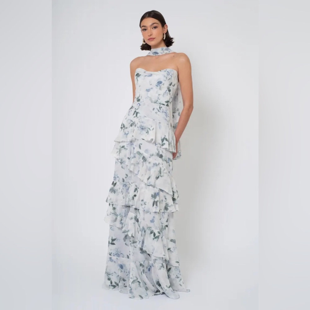 NEW - JENNY YOO - SIMONA STRAPLESS RUFFLE FLORAL DRESS - BLUE MULTI - SIZE 10